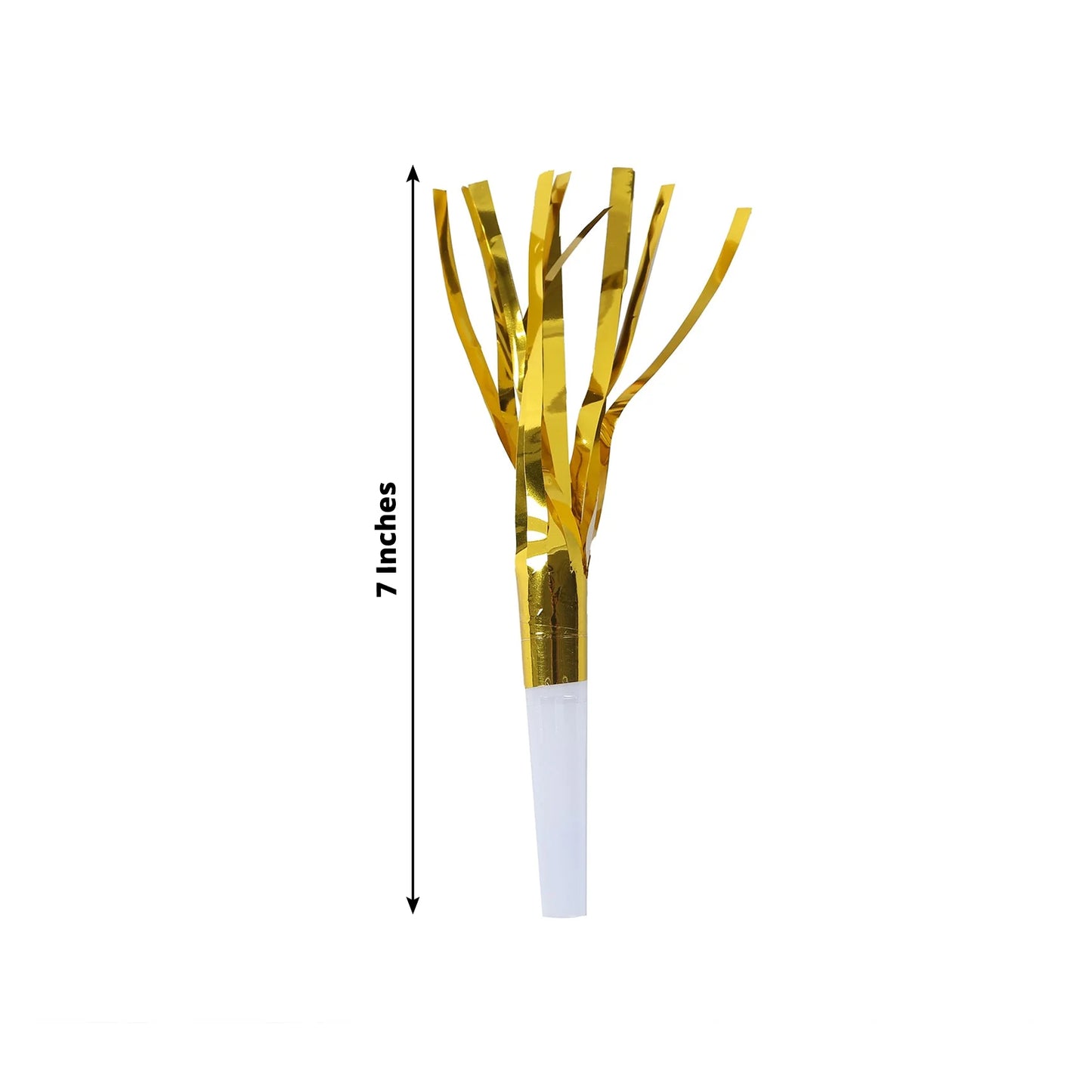 Gold metallic party horn noisemaker with tassels, 7 inches long.