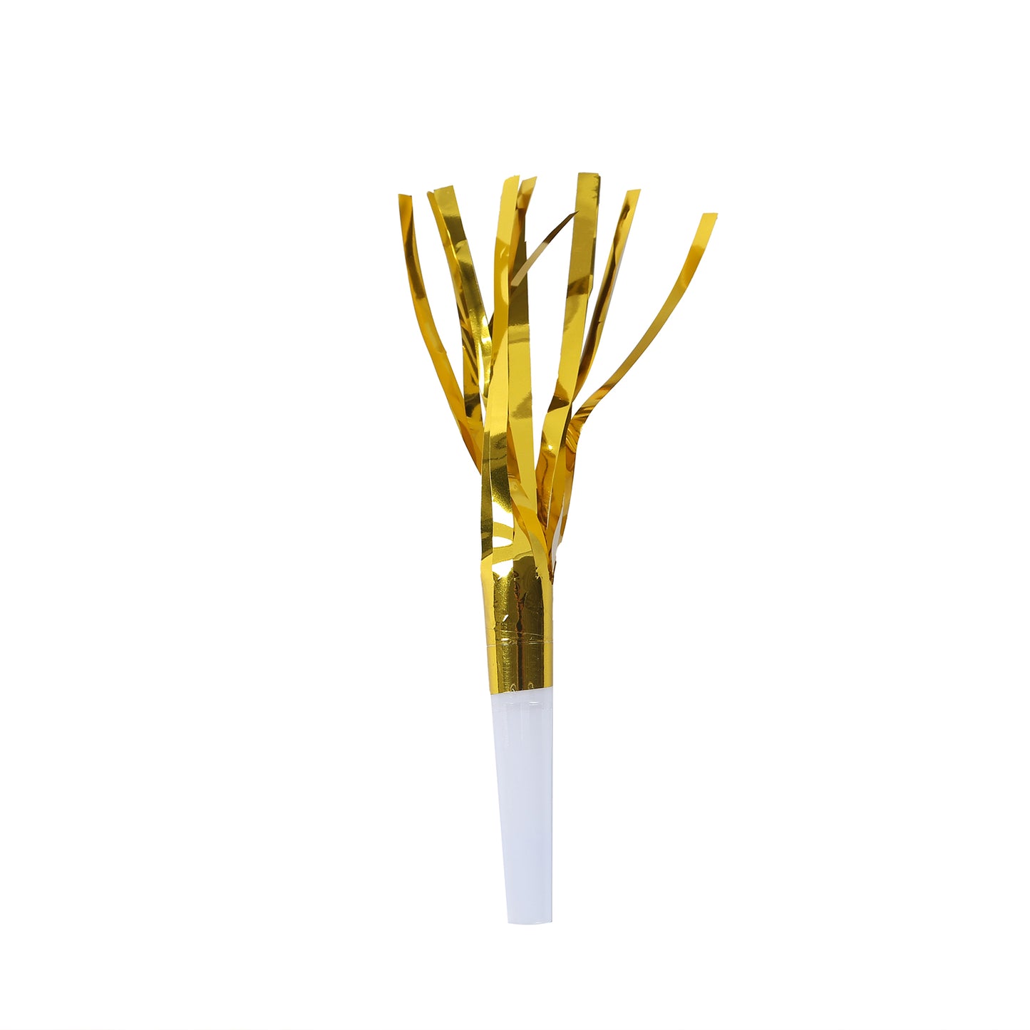 Gold metallic party horn noisemaker with tassels.