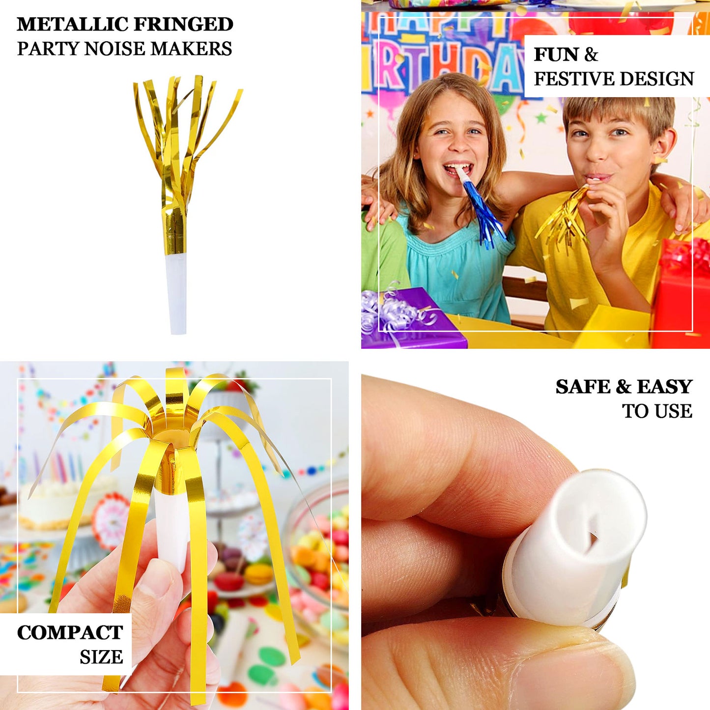 Gold metallic party horn noisemakers with tassels for festive events.