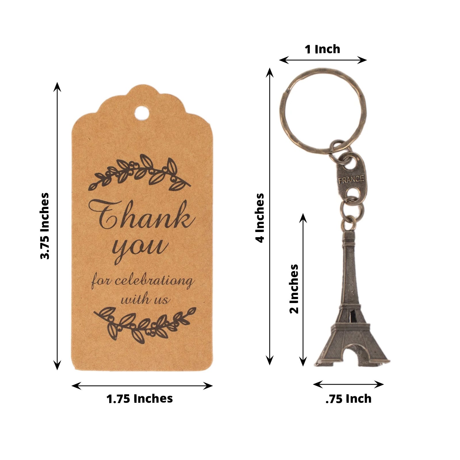 Bronze Eiffel Tower keychain with thank you tag for wedding favors.