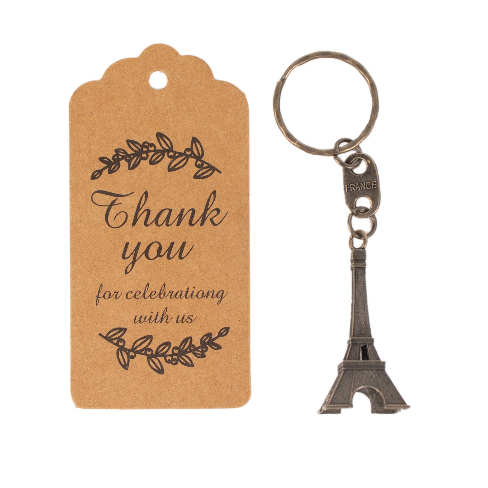 Bronze Eiffel Tower keychain with thank you tag for wedding favors.