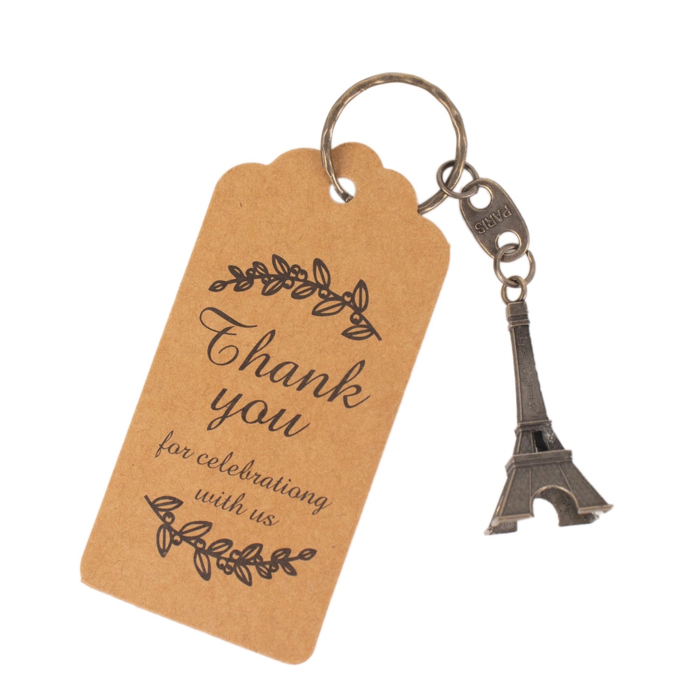 Bronze Eiffel Tower keychain with thank you tag for wedding favors.