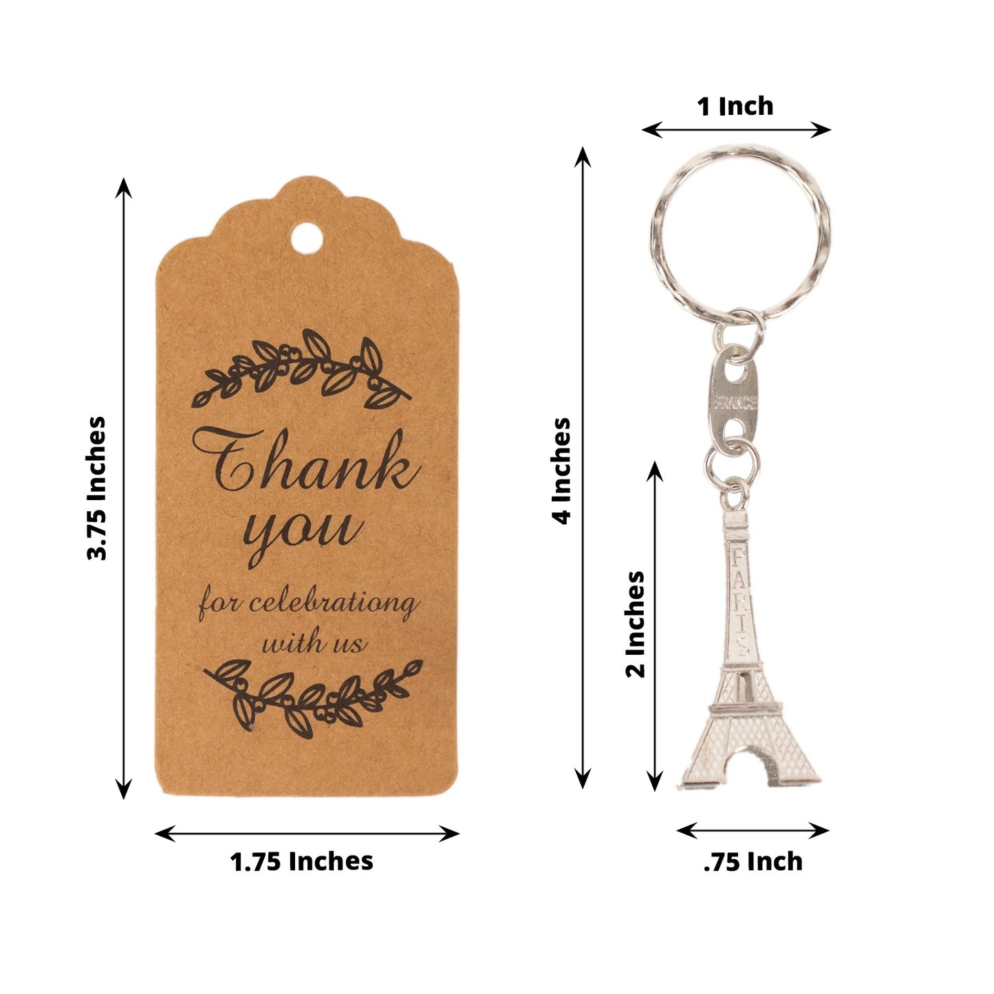 Silver Eiffel Tower keychain with thank you tag for wedding favors.