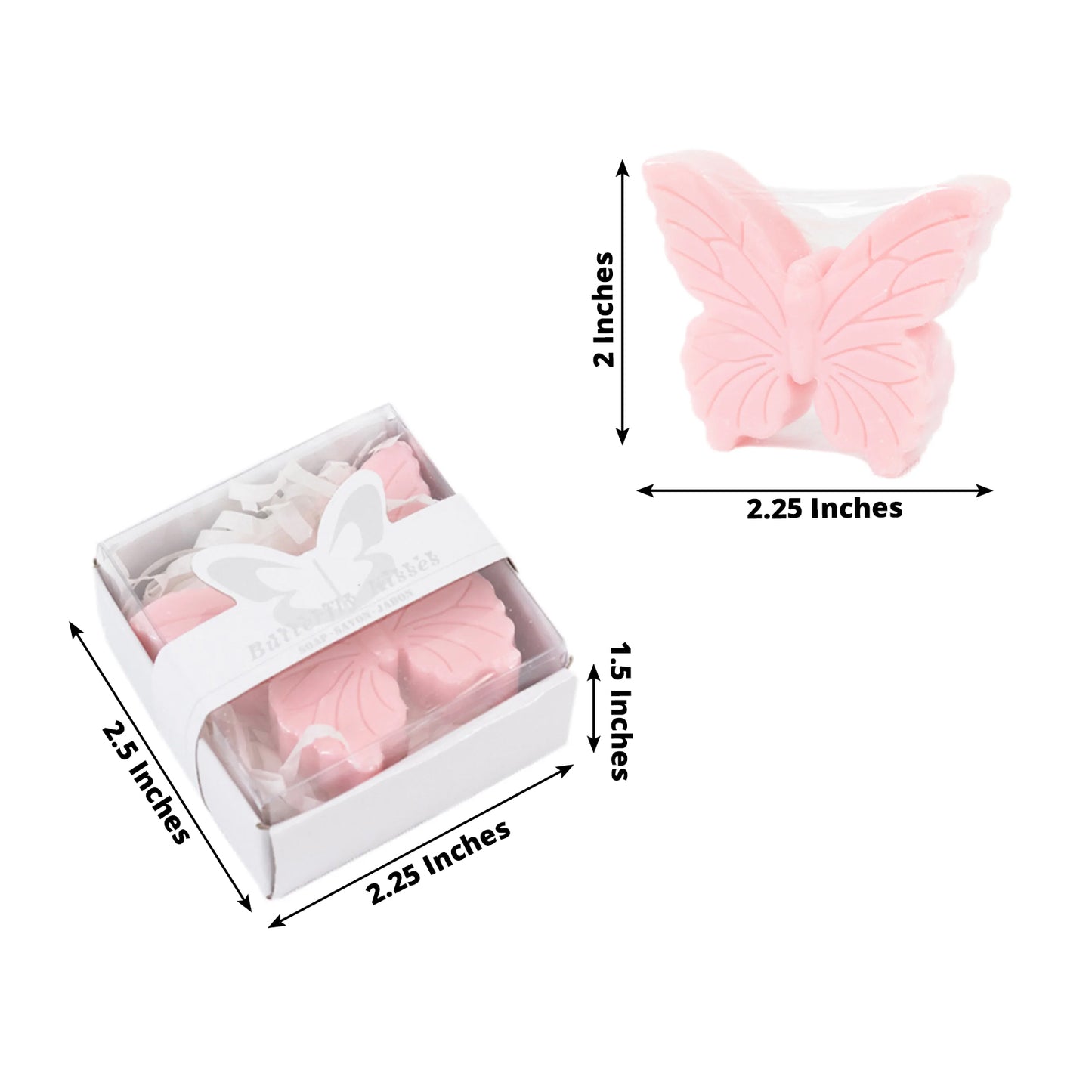 Blush pink butterfly soap favors in gift boxes for baby or bridal showers.