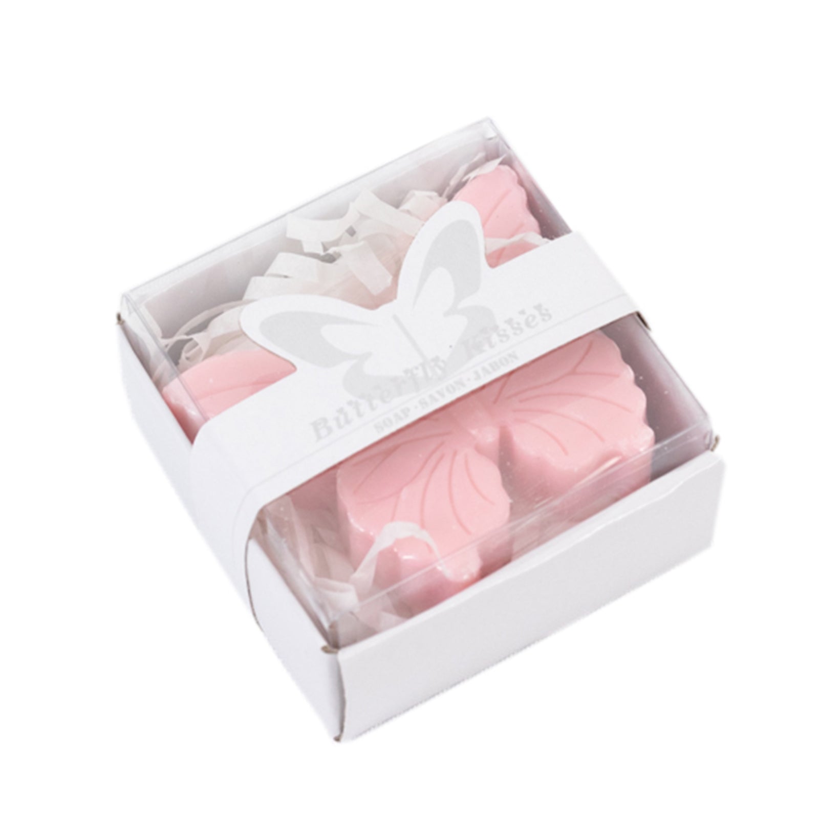 Blush butterfly soap favors in gift boxes for baby and bridal showers.