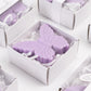 Lavender butterfly soap favors in gift boxes for baby or bridal showers.