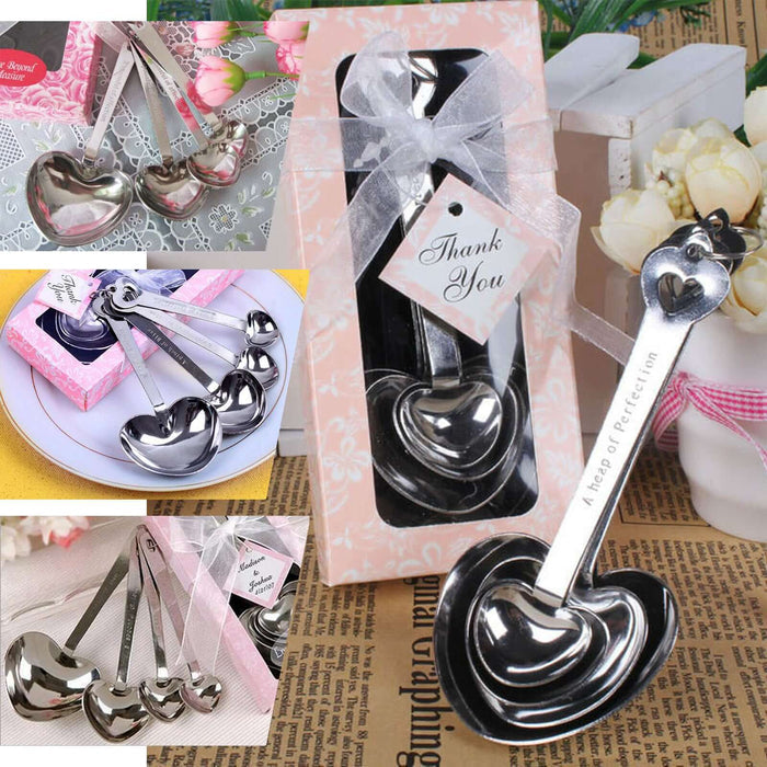 Set of 4 | Engraved Silver Heart Measuring Spoon Set Wedding Favors, Free Gift Box & Thank You Tag Included