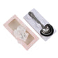 Engraved silver heart measuring spoon set in gift box with thank you tag.