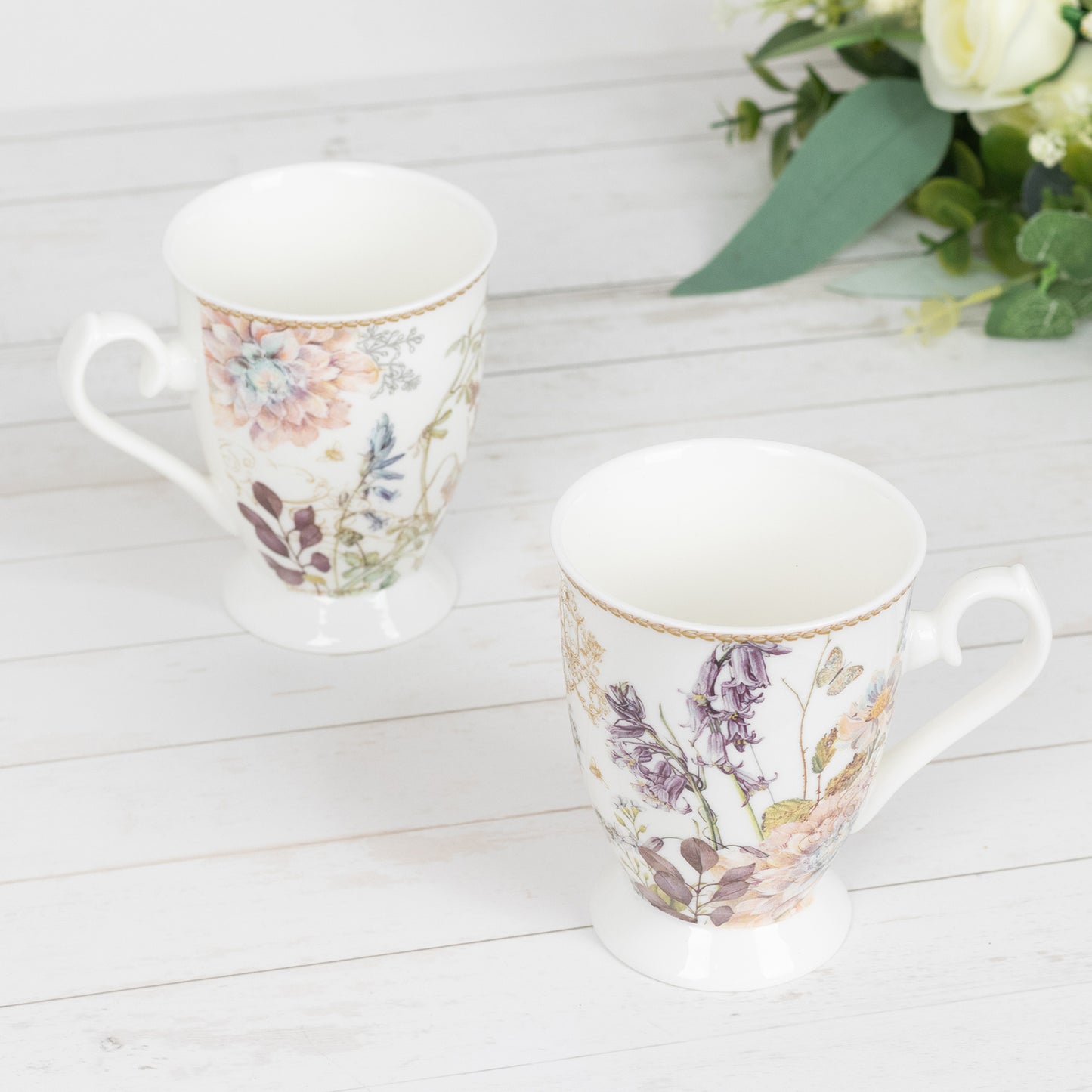 Blush Floral Design Bridal Shower Gift Set, 2 Pack Porcelain Tea Cups With Matching Keepsake Gift Box and Satin Ribbon Handle