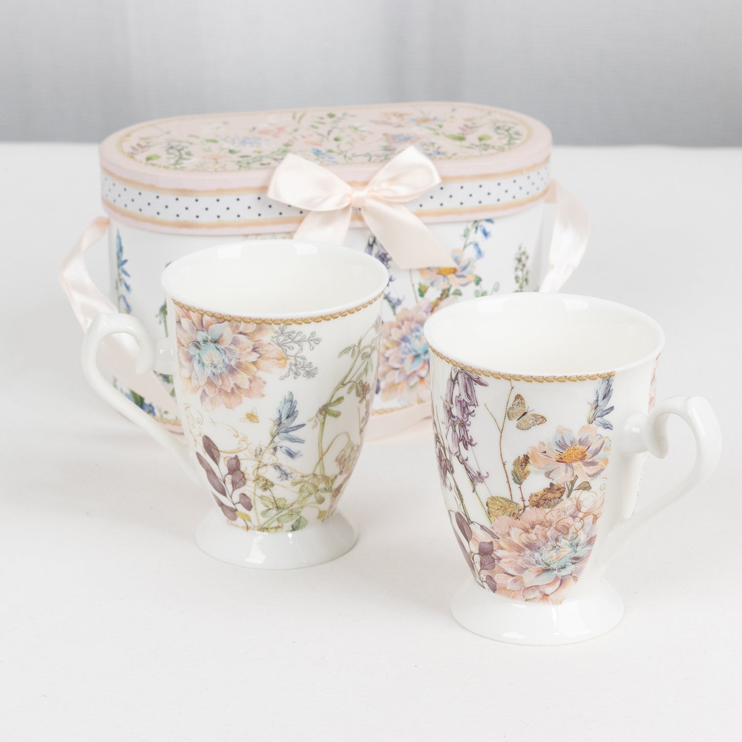 Blush Floral Design Bridal Shower Gift Set, 2 Pack Porcelain Tea Cups With Matching Keepsake Gift Box and Satin Ribbon Handle