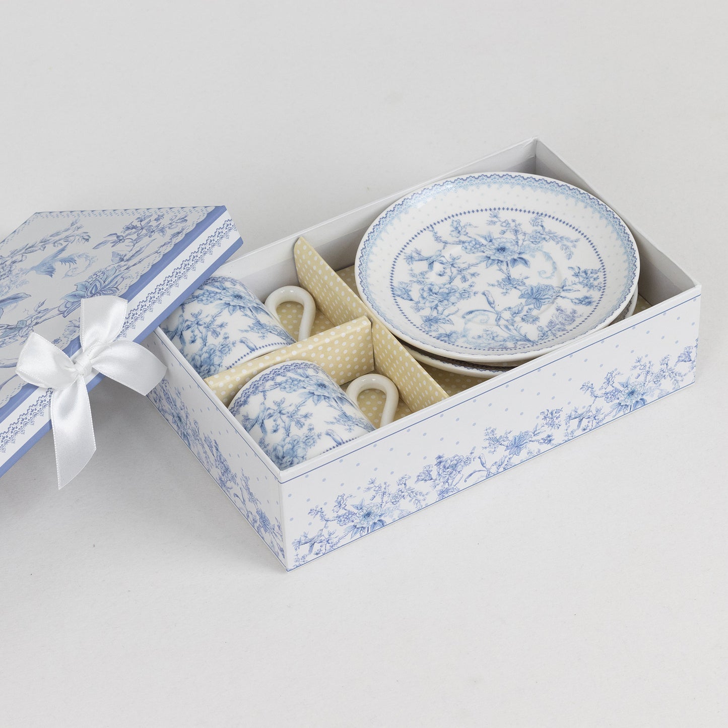 White Blue French Toile Bridal Shower Gift Set, Set of 2 Porcelain Espresso Cups and Saucers with Matching Keepsake Box