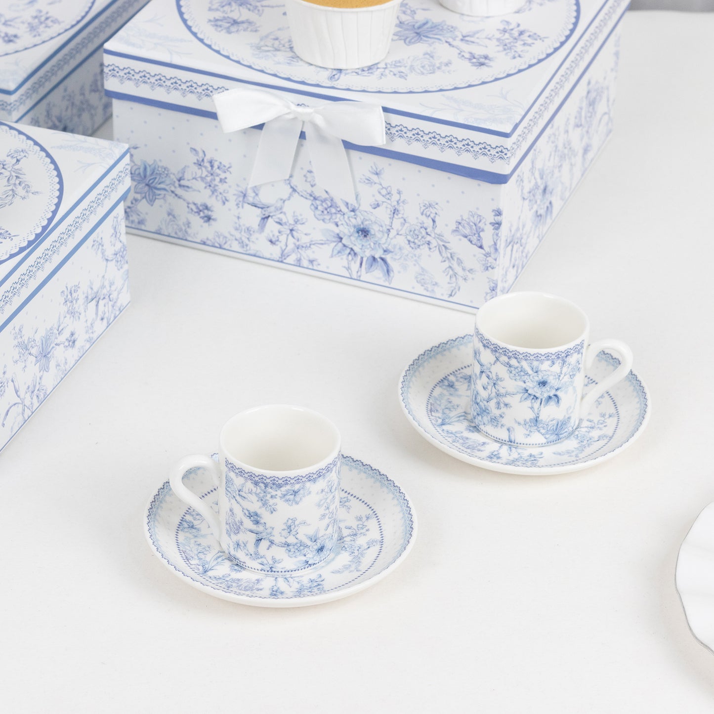 White Blue French Toile Bridal Shower Gift Set, Set of 2 Porcelain Espresso Cups and Saucers with Matching Keepsake Box