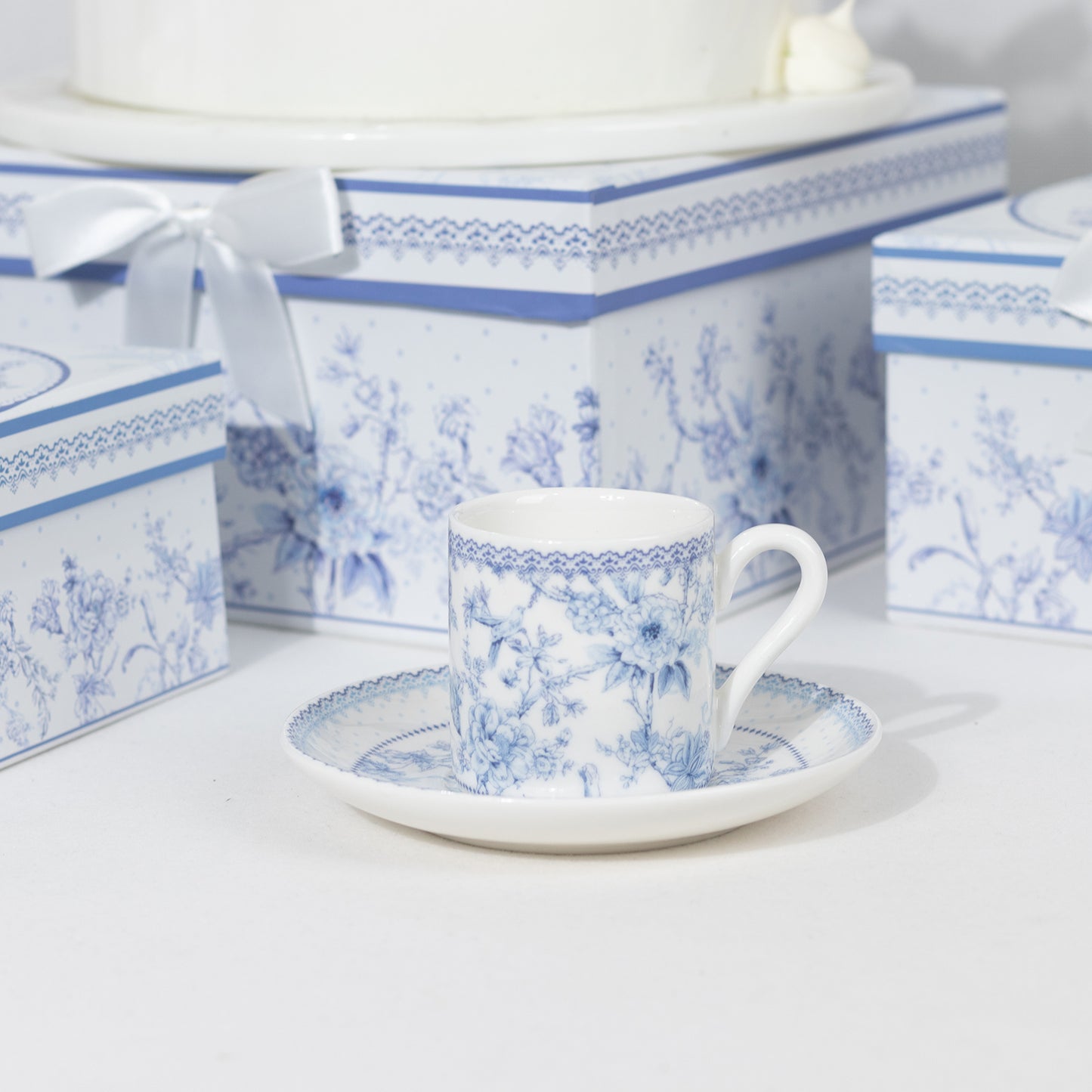 White Blue French Toile Bridal Shower Gift Set, Set of 2 Porcelain Espresso Cups and Saucers with Matching Keepsake Box