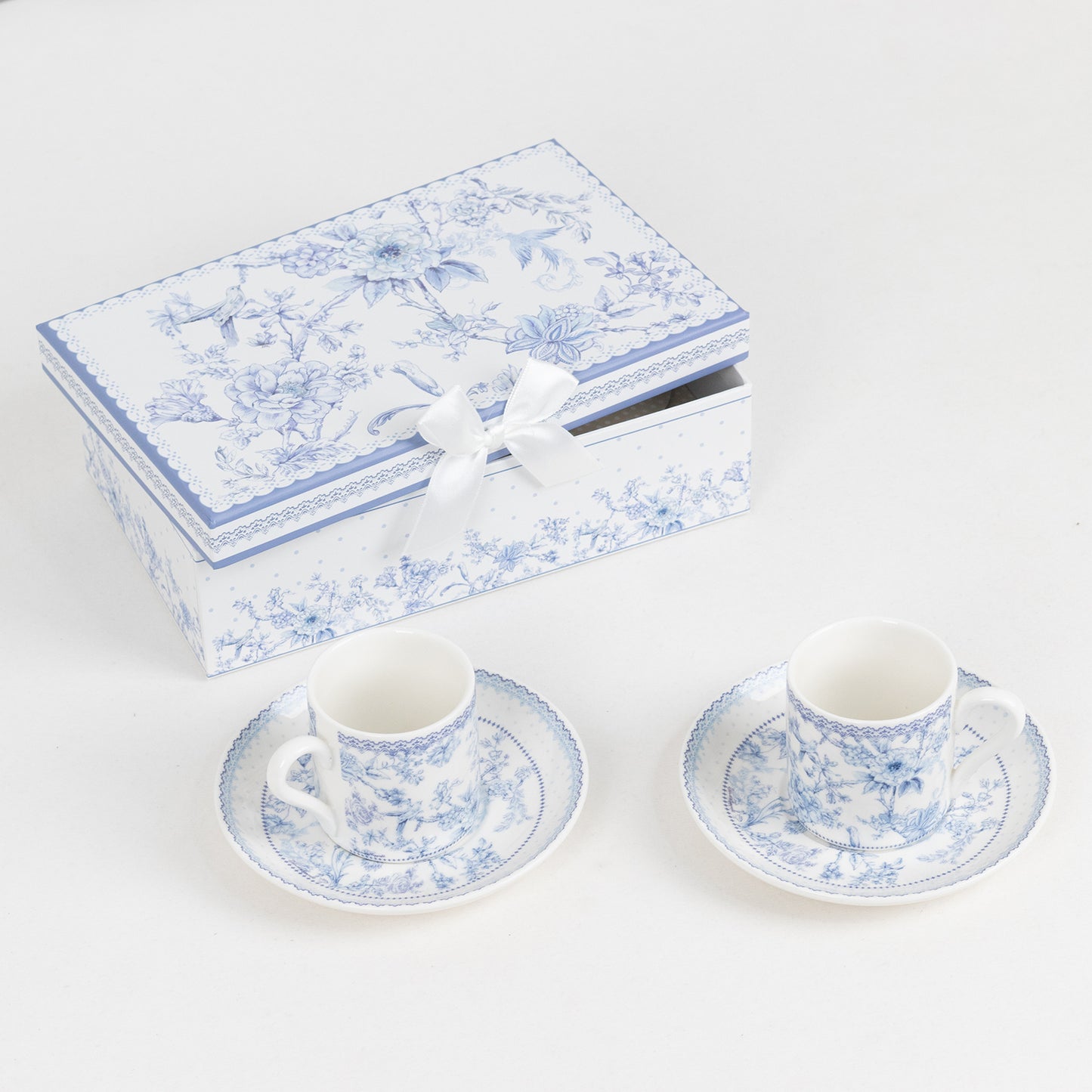 White Blue French Toile Bridal Shower Gift Set, Set of 2 Porcelain Espresso Cups and Saucers with Matching Keepsake Box