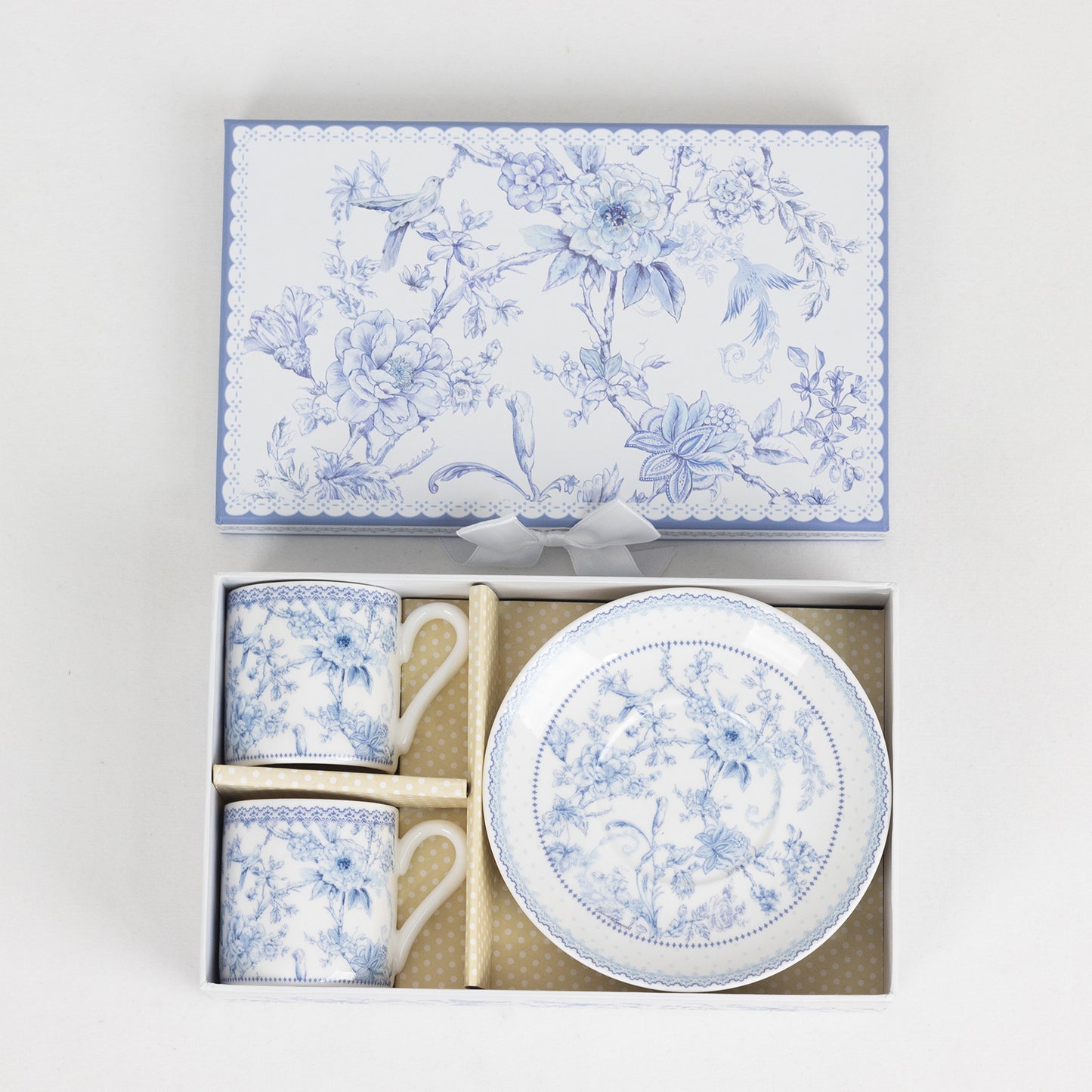 White Blue French Toile Bridal Shower Gift Set, Set of 2 Porcelain Espresso Cups and Saucers with Matching Keepsake Box