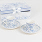 White Blue French Toile Bridal Shower Gift Set, Set of 2 Porcelain Espresso Cups and Saucers with Matching Keepsake Box