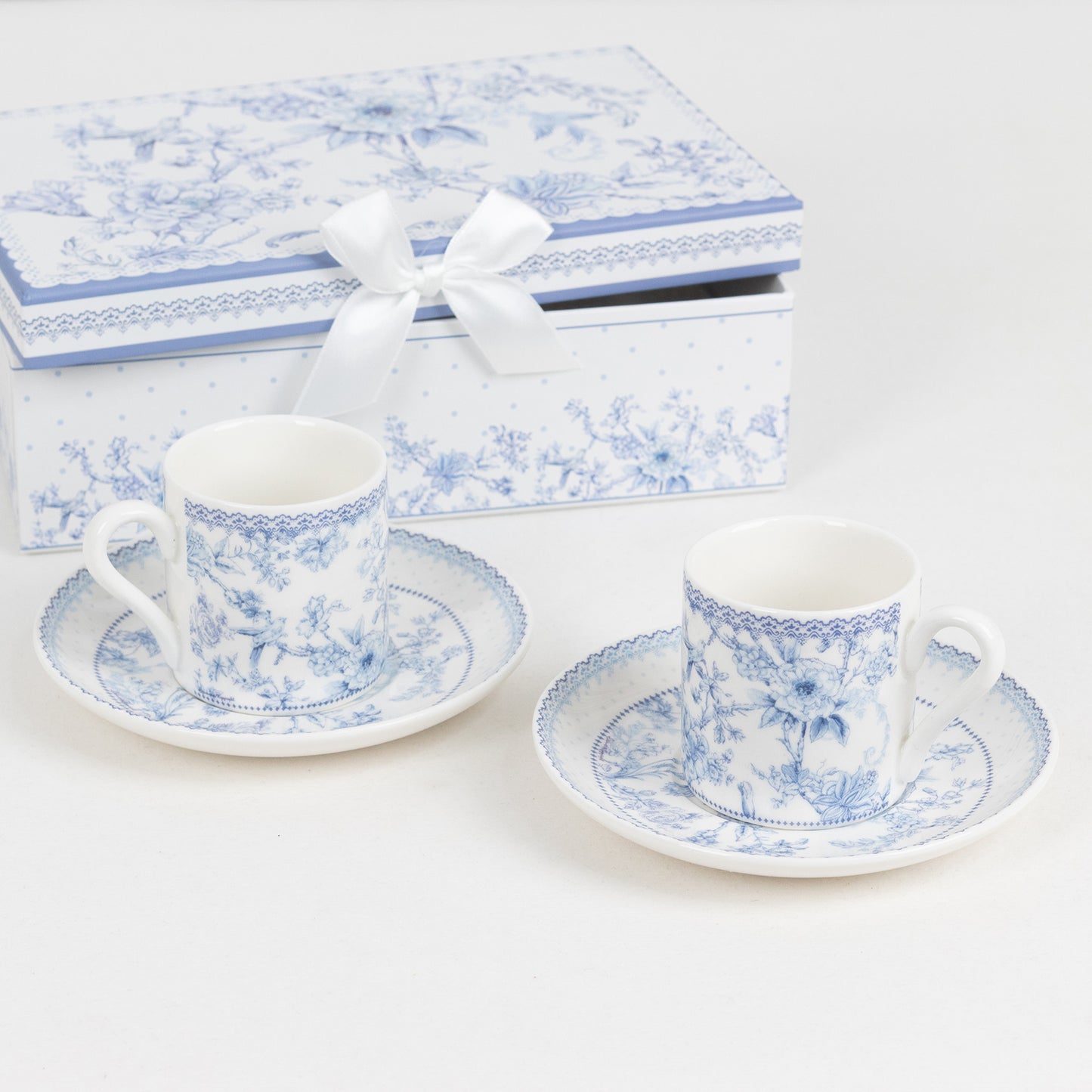 White Blue French Toile Bridal Shower Gift Set, Set of 2 Porcelain Espresso Cups and Saucers with Matching Keepsake Box