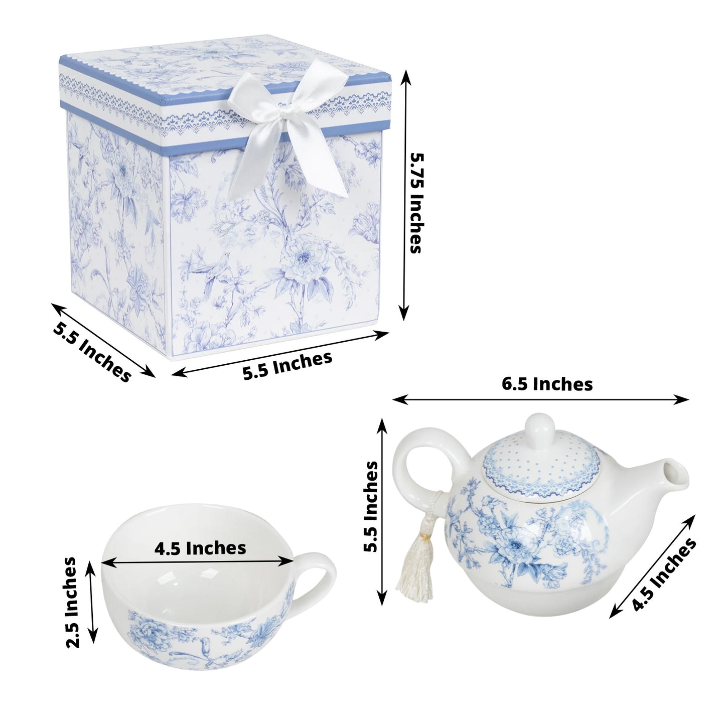 White Blue French Toile Bridal Shower Gift Set, Porcelain Teapot and Cup Set with Matching Keepsake Gift Box