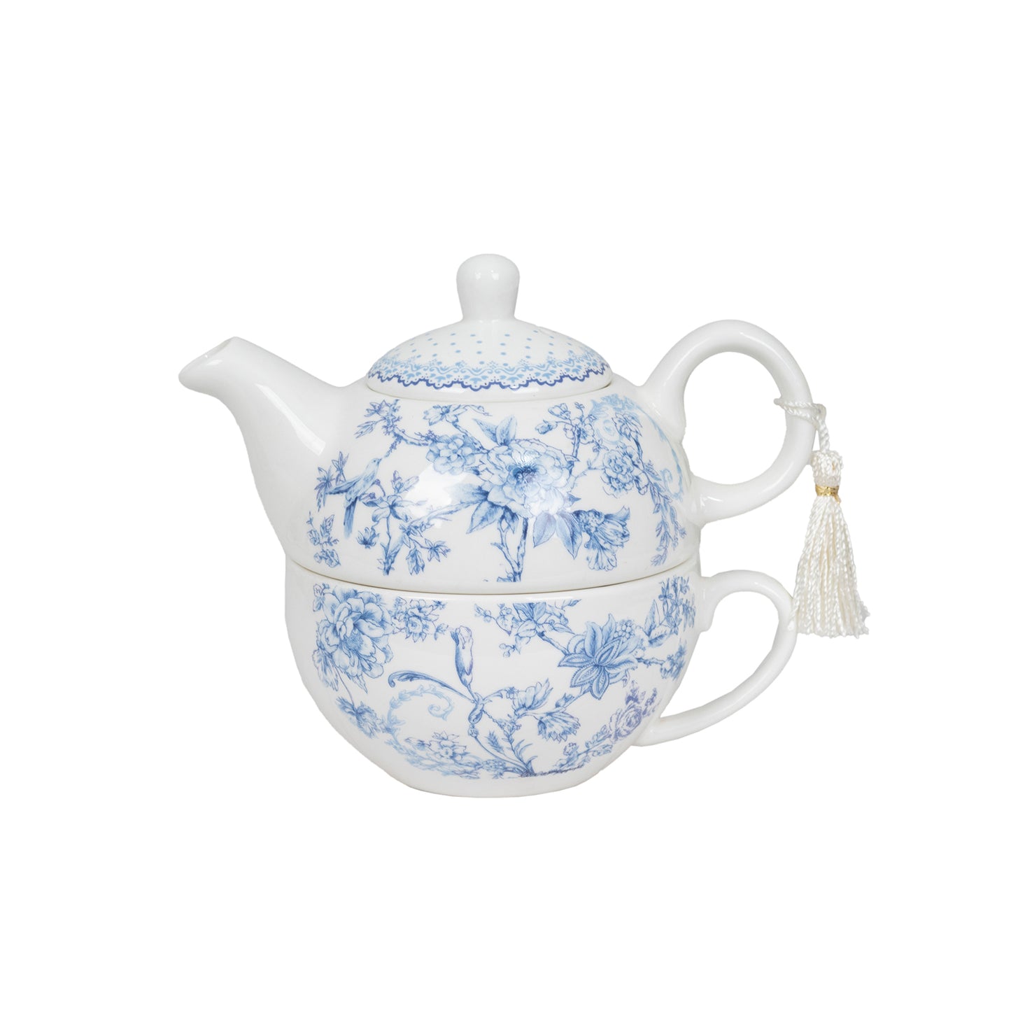 White Blue French Toile Bridal Shower Gift Set, Porcelain Teapot and Cup Set with Matching Keepsake Gift Box