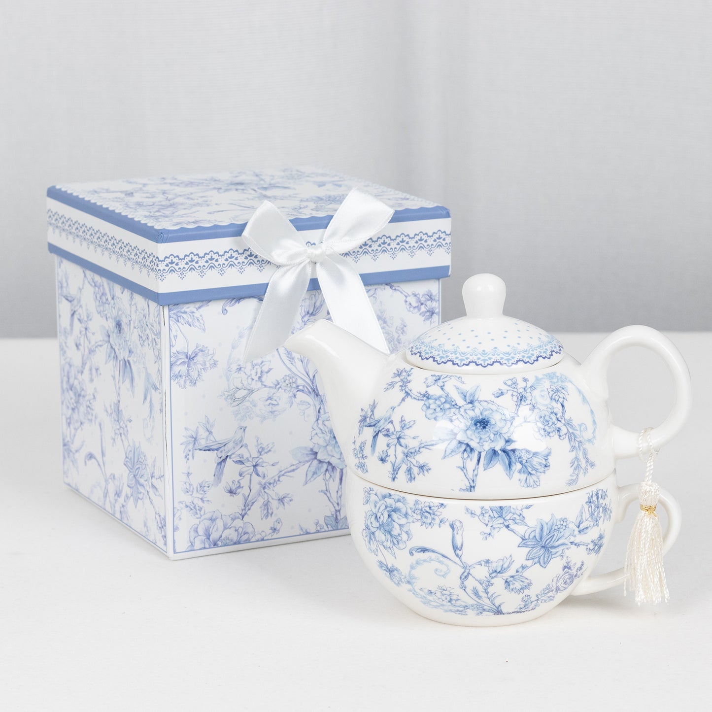 White Blue French Toile Bridal Shower Gift Set, Porcelain Teapot and Cup Set with Matching Keepsake Gift Box