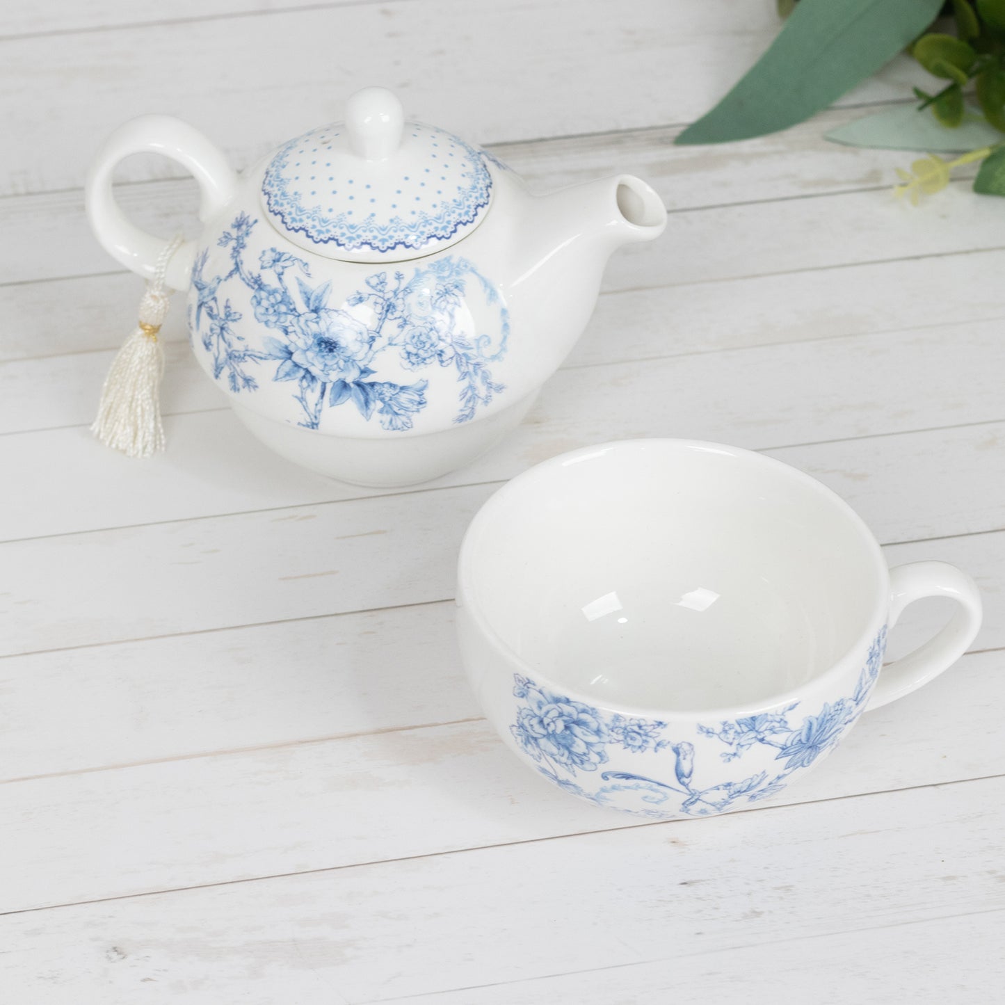 White Blue French Toile Bridal Shower Gift Set, Porcelain Teapot and Cup Set with Matching Keepsake Gift Box