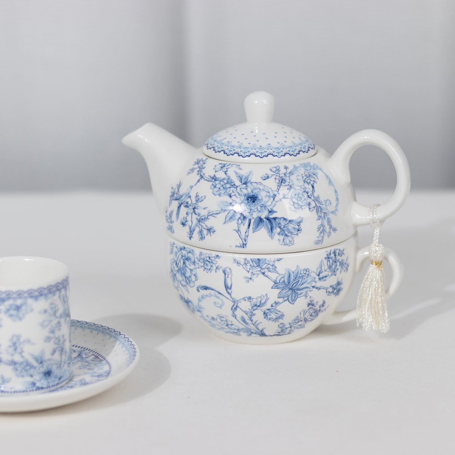 White Blue French Toile Bridal Shower Gift Set, Porcelain Teapot and Cup Set with Matching Keepsake Gift Box