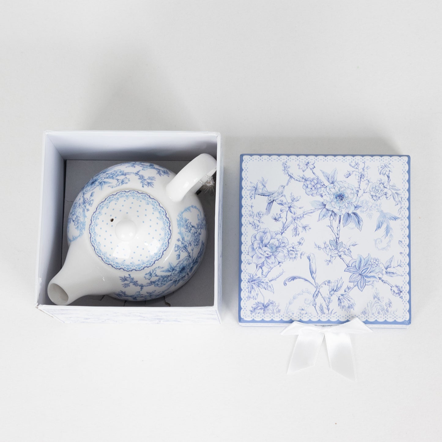 White Blue French Toile Bridal Shower Gift Set, Porcelain Teapot and Cup Set with Matching Keepsake Gift Box