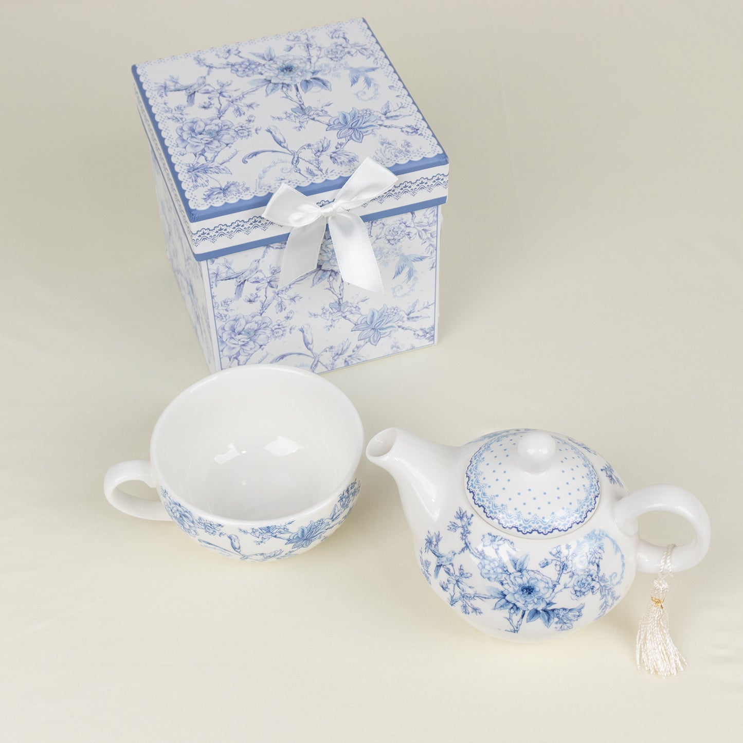 White Blue French Toile Bridal Shower Gift Set, Porcelain Teapot and Cup Set with Matching Keepsake Gift Box