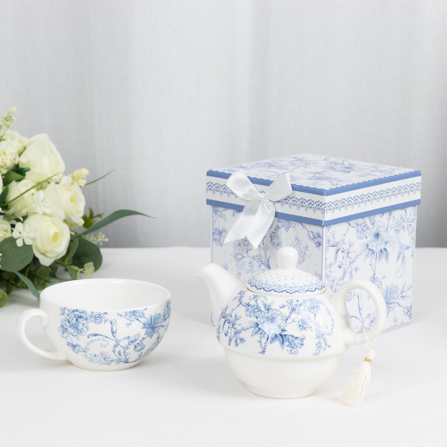 White Blue French Toile Bridal Shower Gift Set, Porcelain Teapot and Cup Set with Matching Keepsake Gift Box