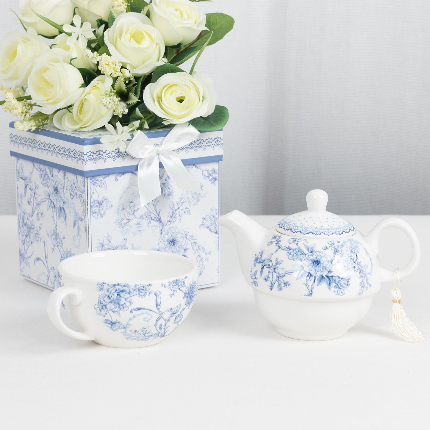 White Blue French Toile Bridal Shower Gift Set, Porcelain Teapot and Cup Set with Matching Keepsake Gift Box