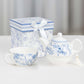 White Blue French Toile Bridal Shower Gift Set, Porcelain Teapot and Cup Set with Matching Keepsake Gift Box