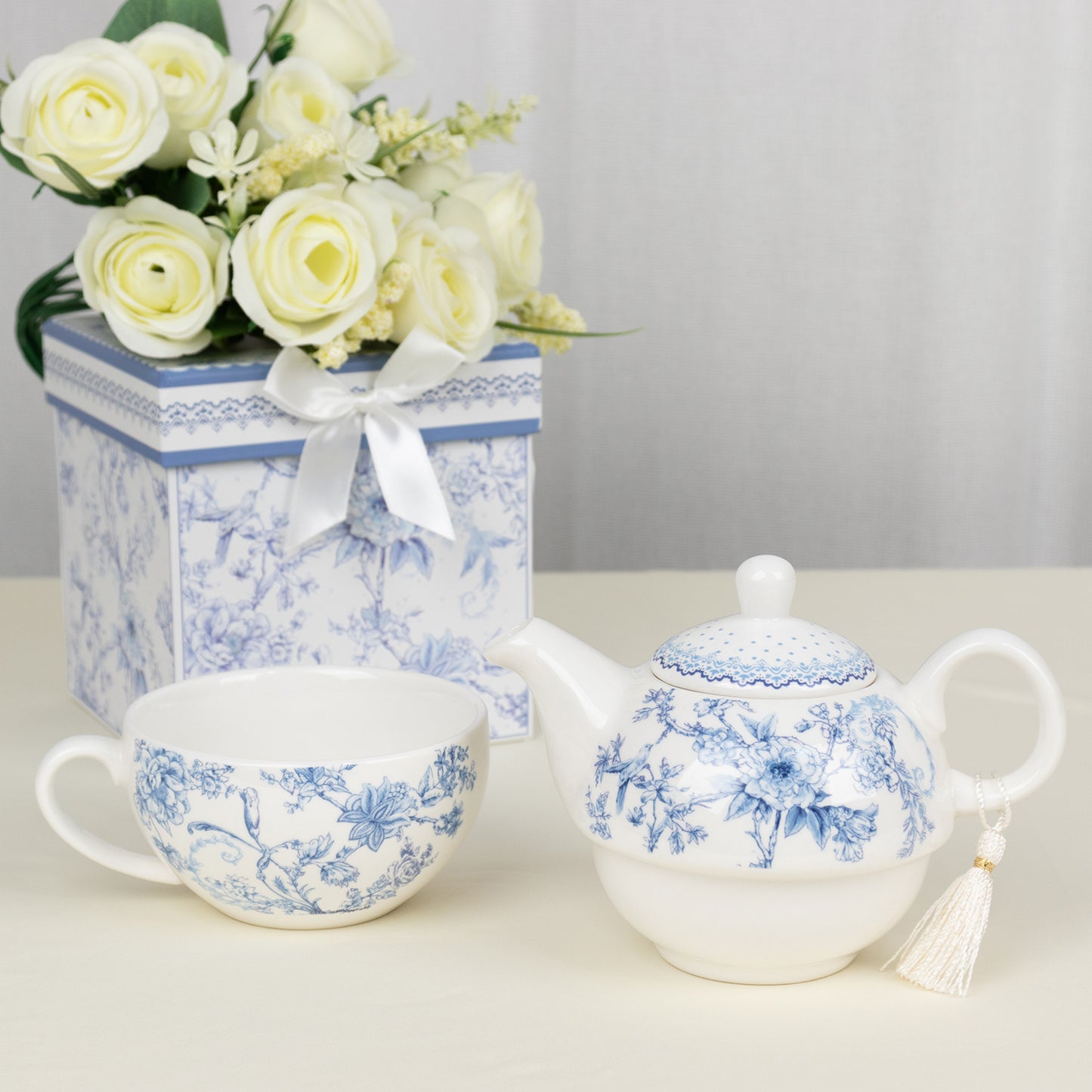 White Blue French Toile Bridal Shower Gift Set, Porcelain Teapot and Cup Set with Matching Keepsake Gift Box