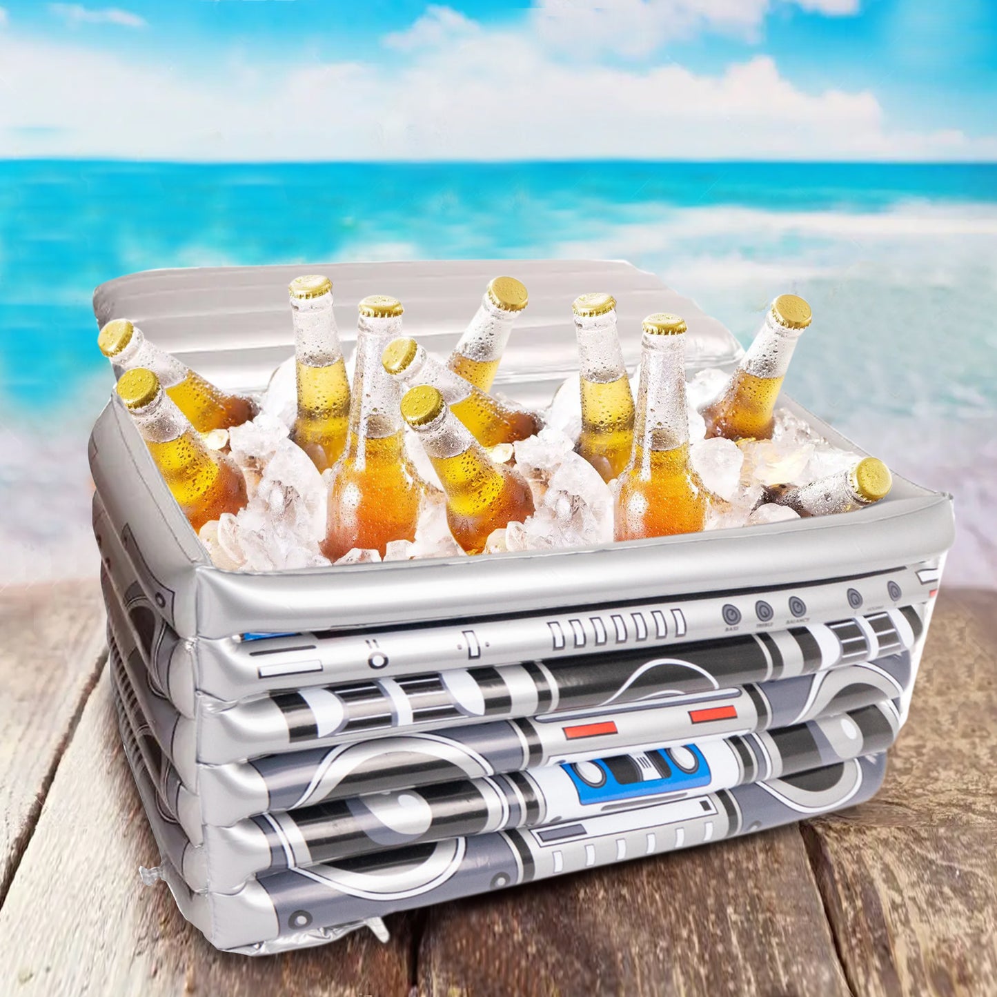 Silver Inflatable Boom Box Ice Beverage Cooler, 80's Themed Ice Box Container - 24"x12"