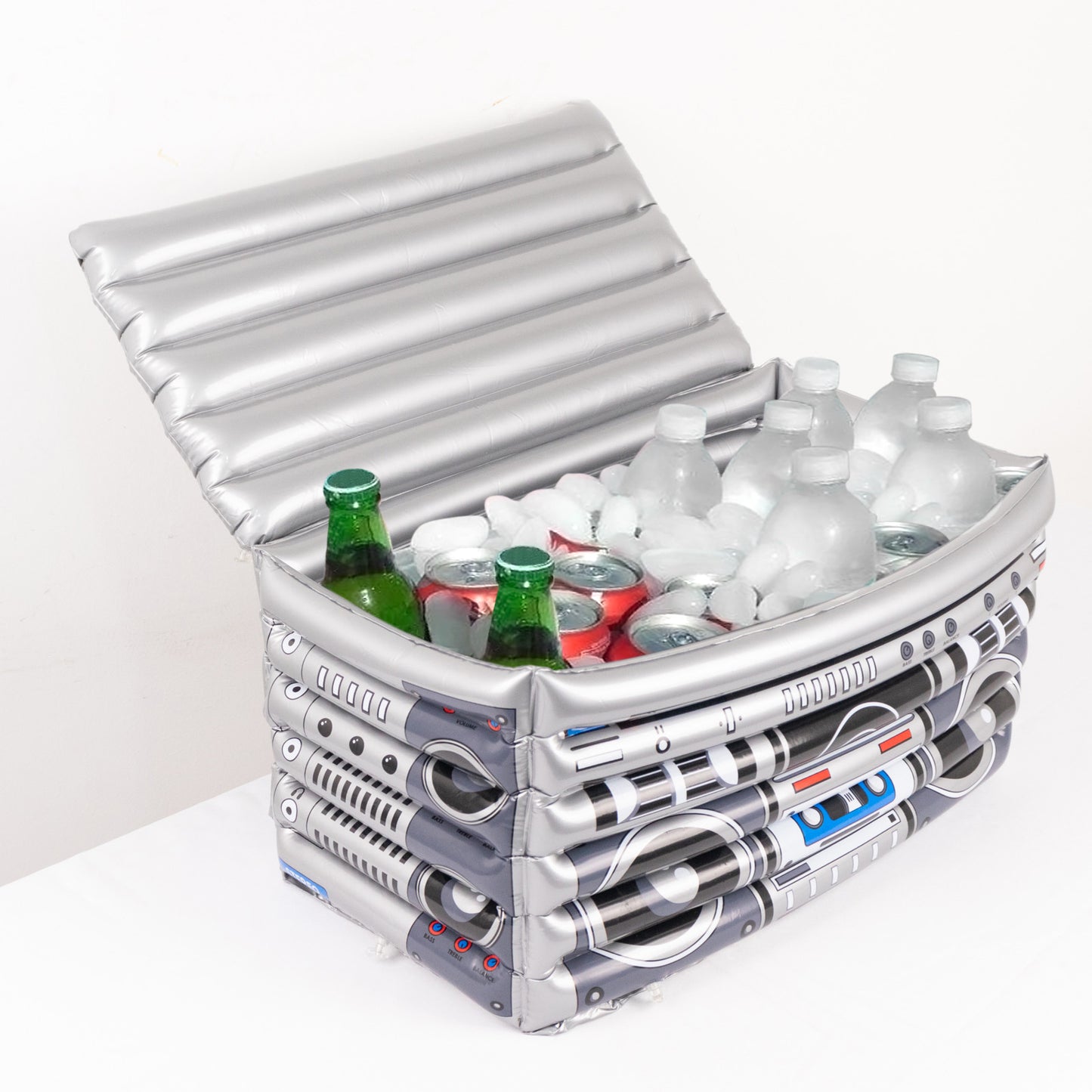 Silver Inflatable Boom Box Ice Beverage Cooler, 80's Themed Ice Box Container - 24"x12"