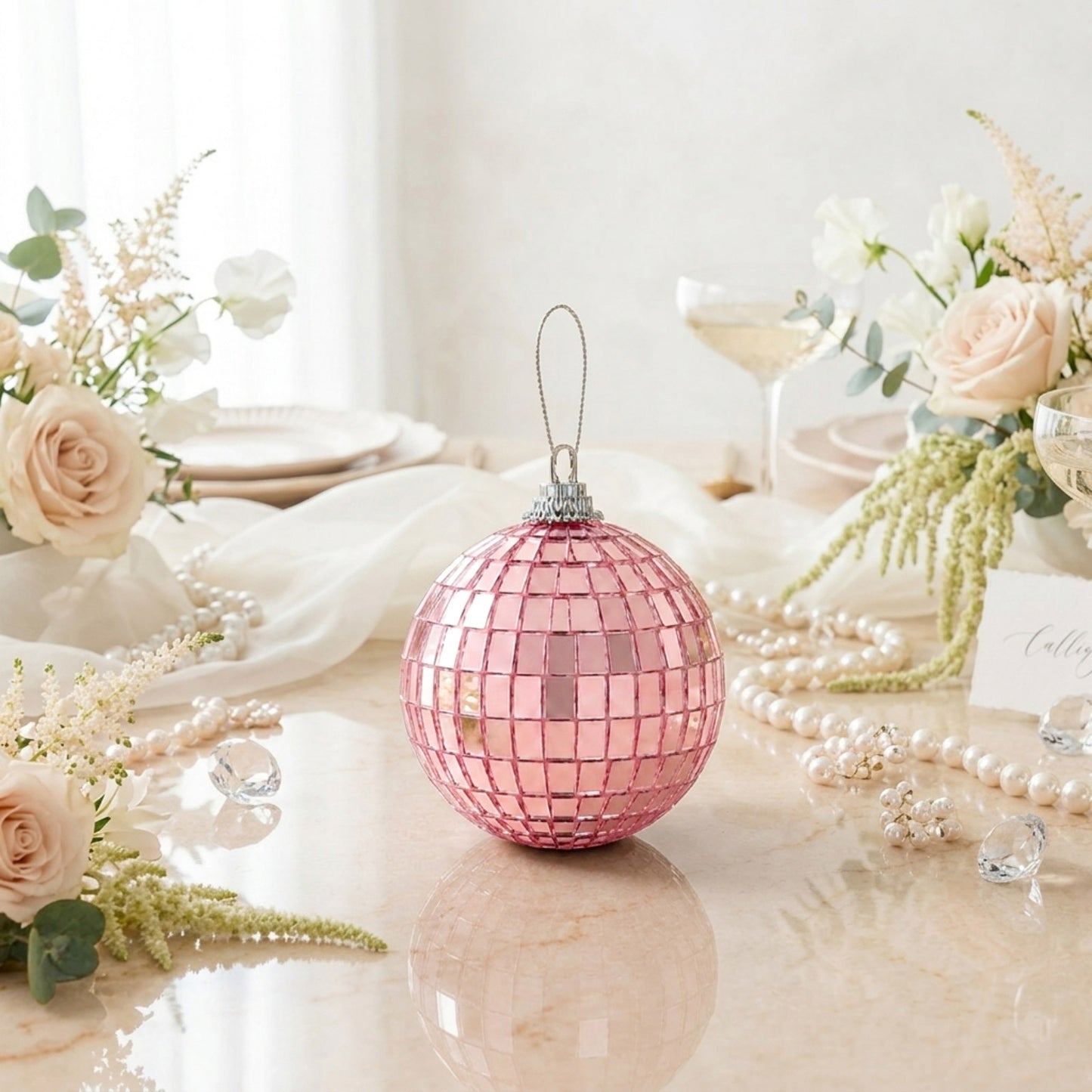 6 Pack 2" Rose Gold Foam Disco Mirror Ball With Hanging Strings, Holiday Christmas Ornaments