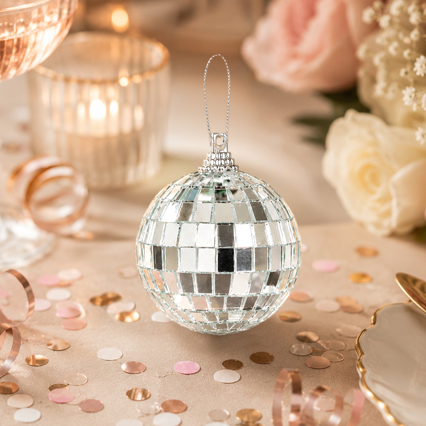6 Pack | 2" Silver Foam Disco Mirror Ball With Hanging Strings, Holiday Christmas Ornaments