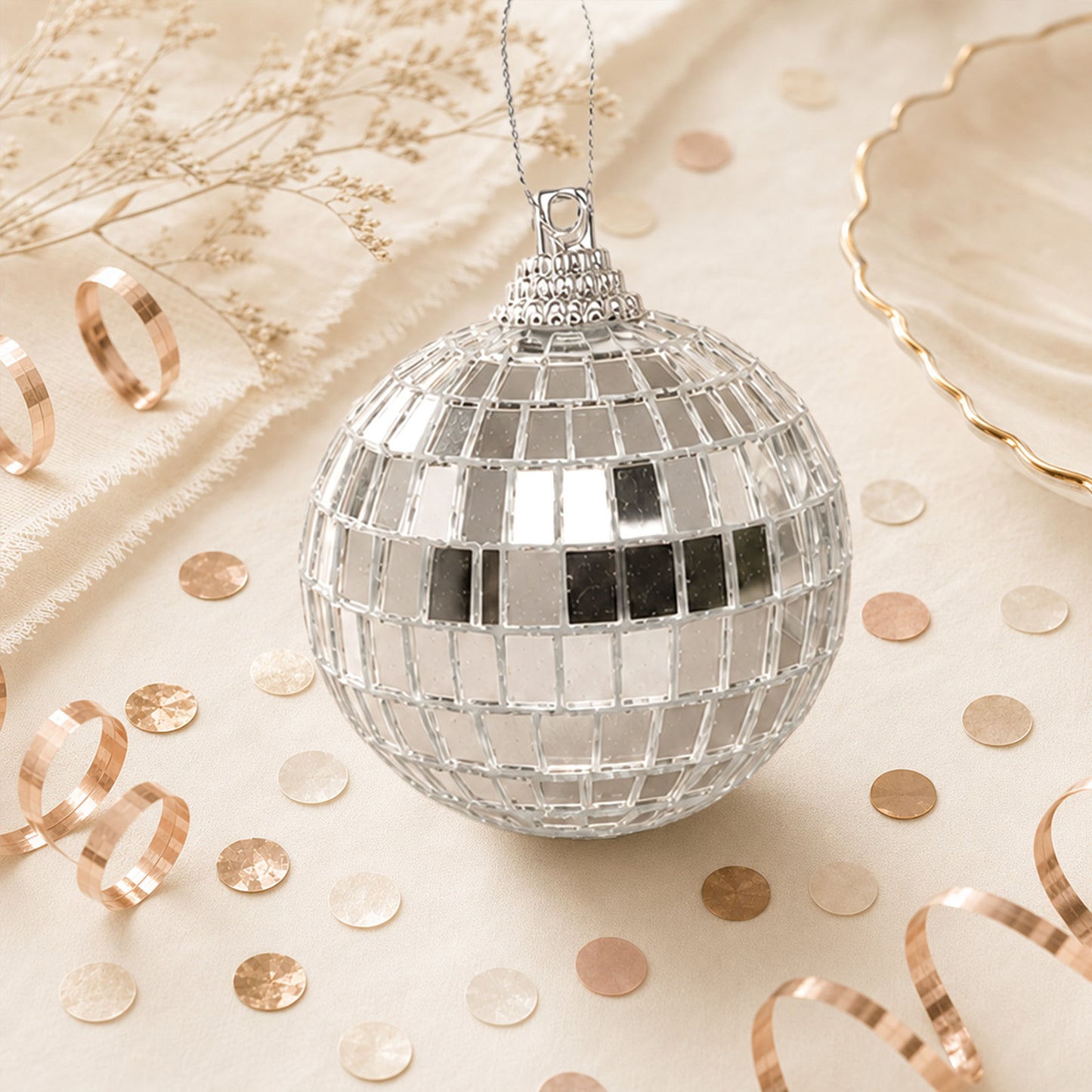 4 Pack | 4" Silver Foam Disco Mirror Ball With Hanging Strings, Holiday Christmas Ornaments