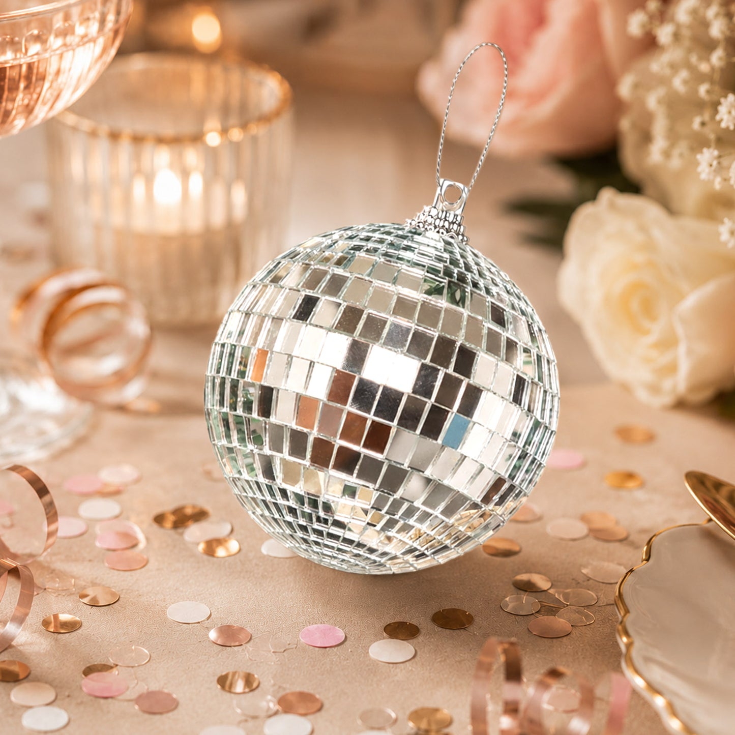 4 Pack | 4" Silver Foam Disco Mirror Ball With Hanging Strings, Holiday Christmas Ornaments