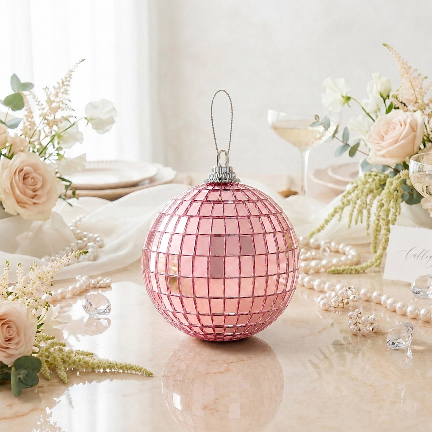 4 Pack 6" Rose Gold Foam Disco Mirror Ball With Hanging Strings, Holiday Christmas Ornaments