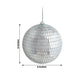 Silver foam disco mirror ball ornament, 6 inches, with hanging strings.