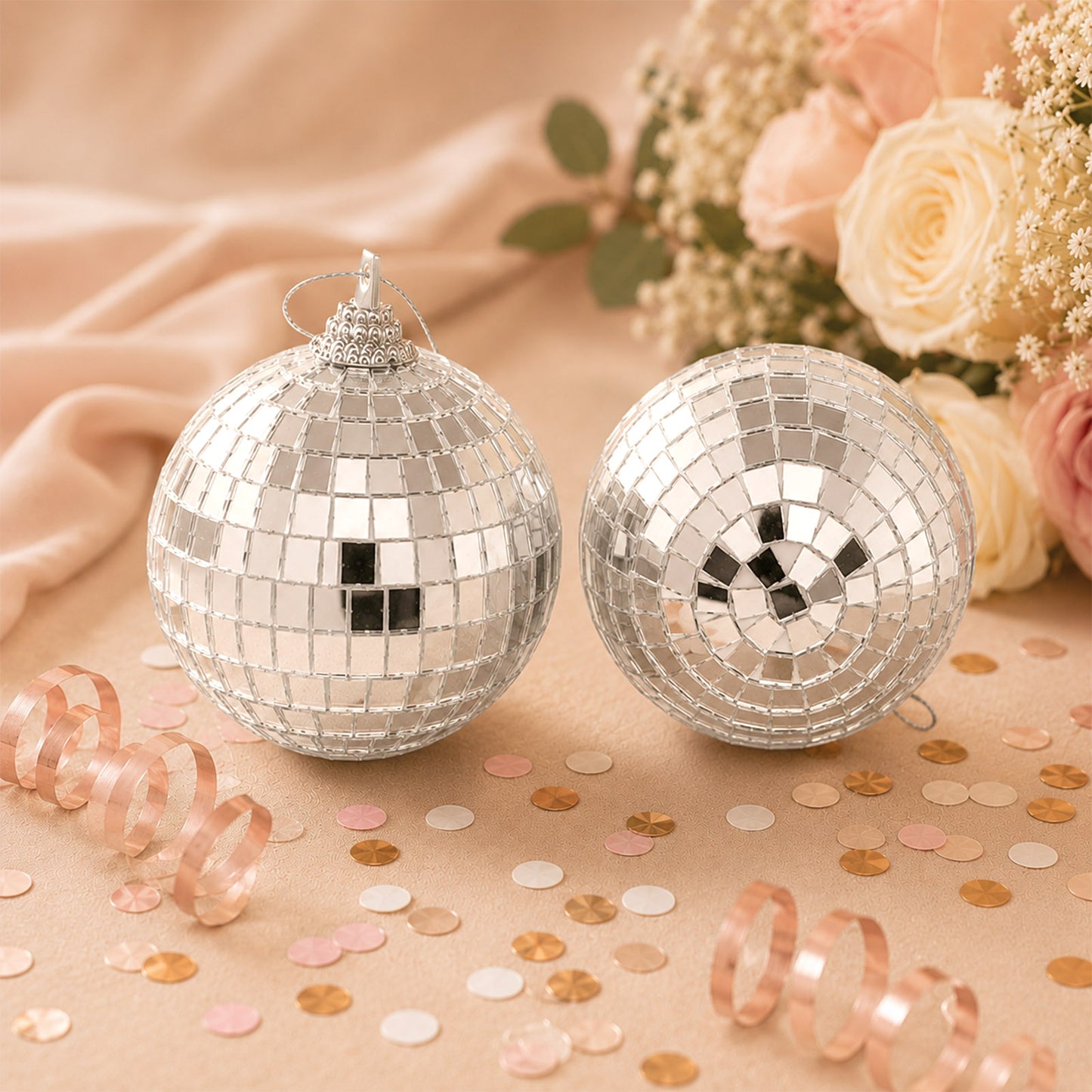4 Pack | 6" Silver Foam Disco Mirror Ball With Hanging Strings, Holiday Christmas Ornaments