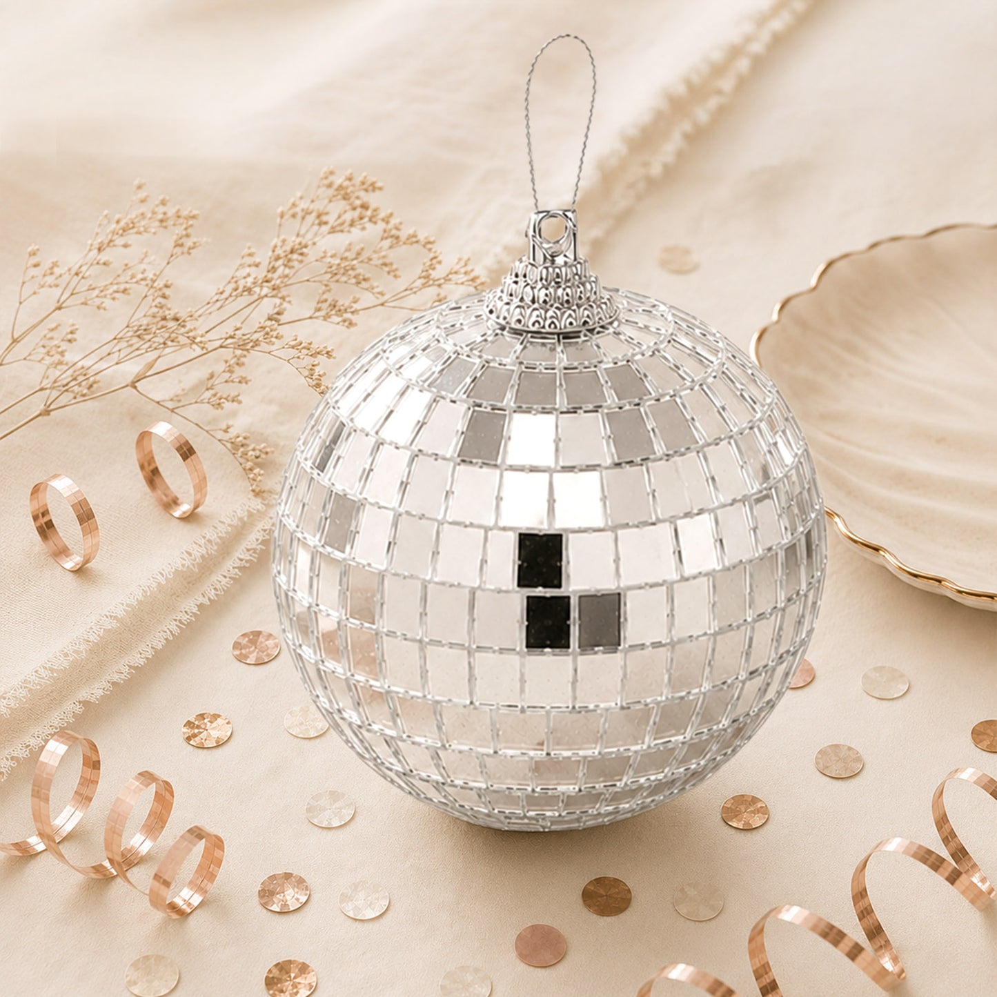 4 Pack | 6" Silver Foam Disco Mirror Ball With Hanging Strings, Holiday Christmas Ornaments