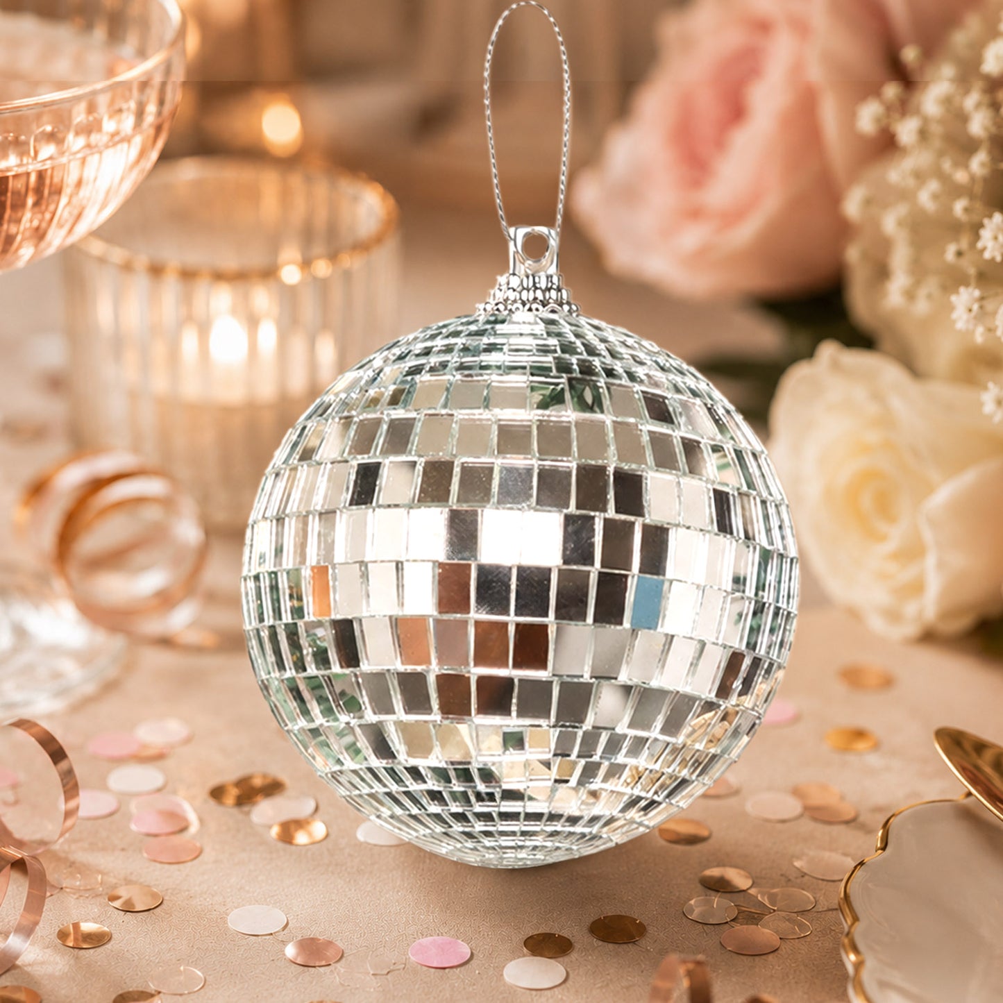 4 Pack | 6" Silver Foam Disco Mirror Ball With Hanging Strings, Holiday Christmas Ornaments