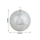 8" silver disco mirror ball with hanging ring for holiday party decor.