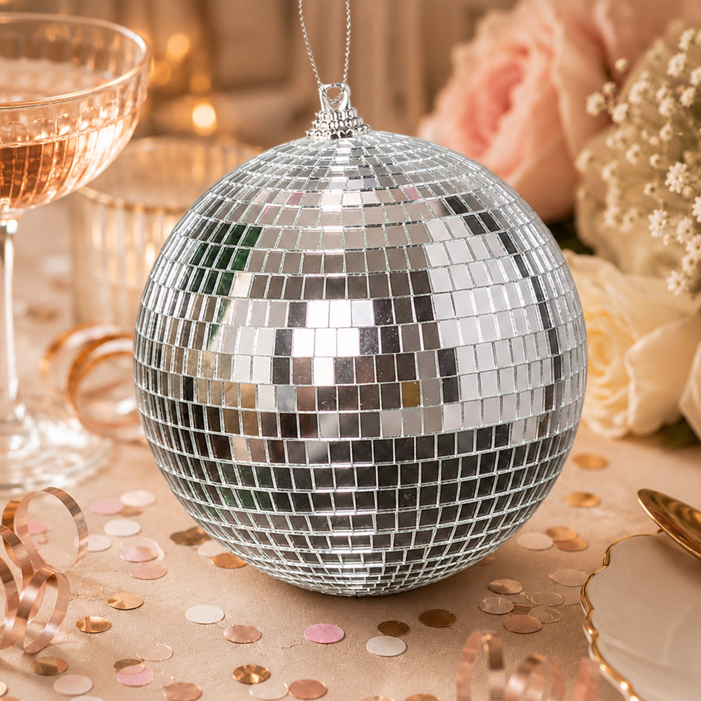 4 Pack | 8" Silver Foam Disco Mirror Ball With Hanging Ring, Holiday Party Decor