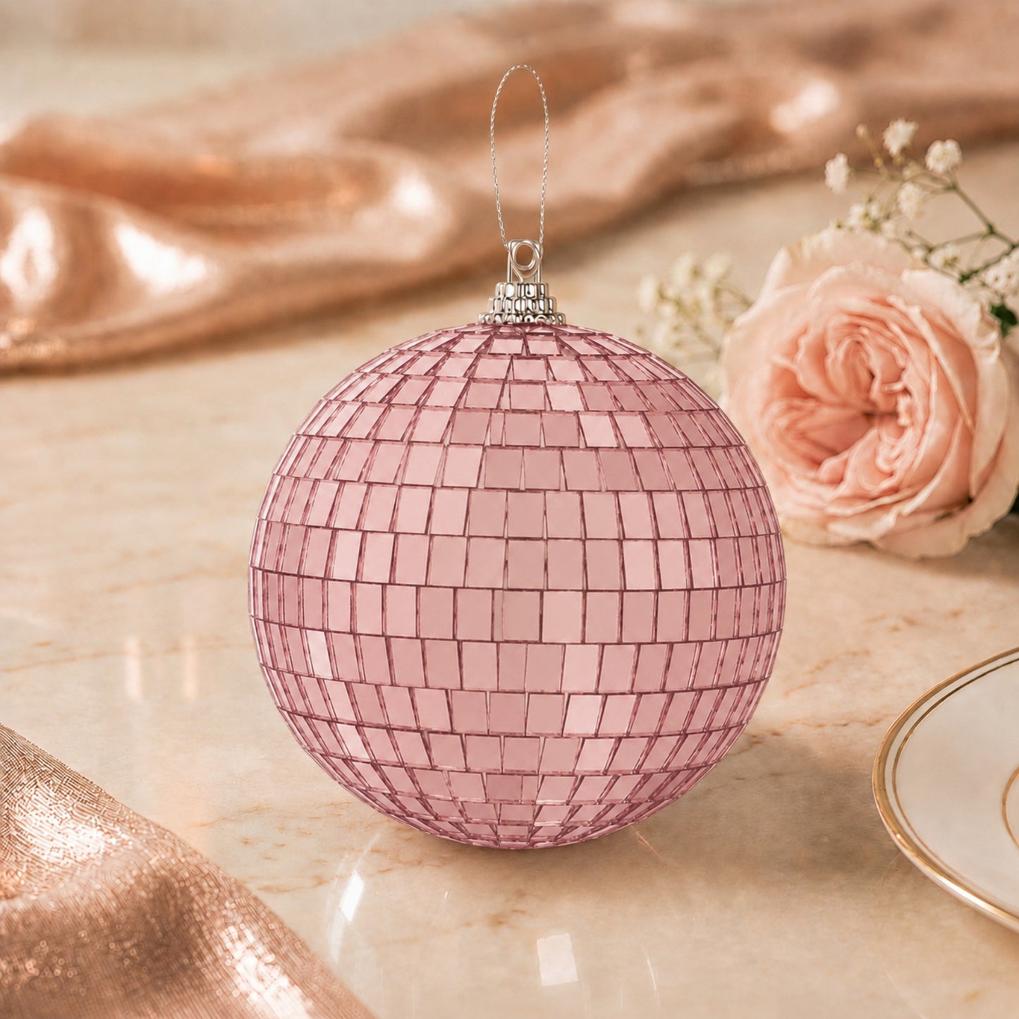 2 Pack 10" Rose Gold Foam Disco Mirror Ball With Hanging Swivel Ring, Holiday Party Decor