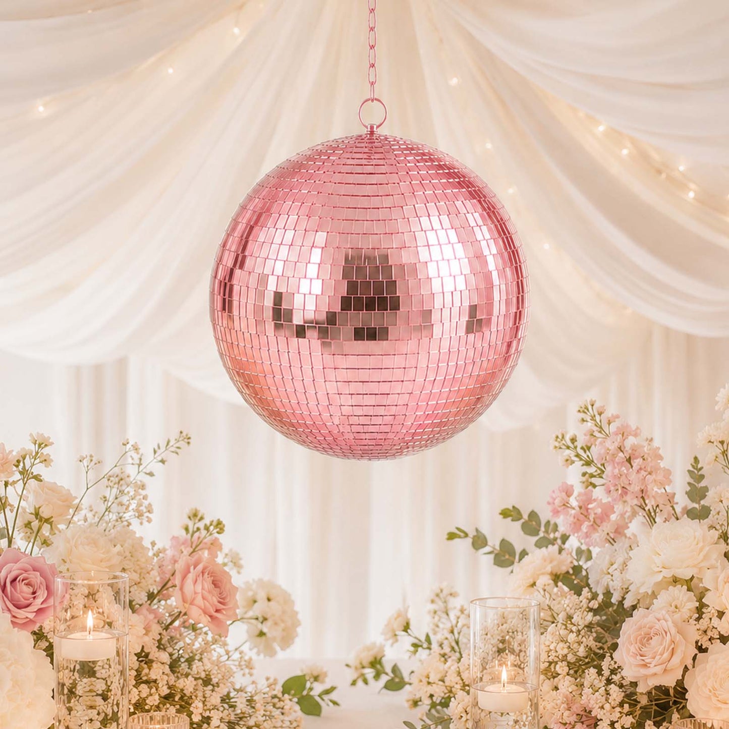 16" Large Rose Gold Foam Disco Mirror Ball With Hanging Swivel Ring, Holiday Party Decor