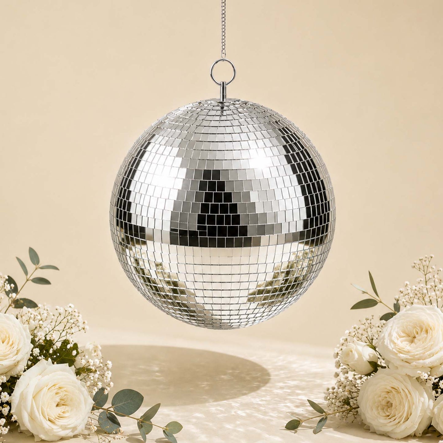 16" Large Silver Foam Disco Mirror Ball With Hanging Swivel Ring, Holiday Party Decor