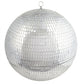 Large silver disco mirror ball with hanging swivel ring for party decor.