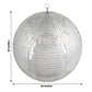 Large silver disco mirror ball with swivel ring for holiday party decor.